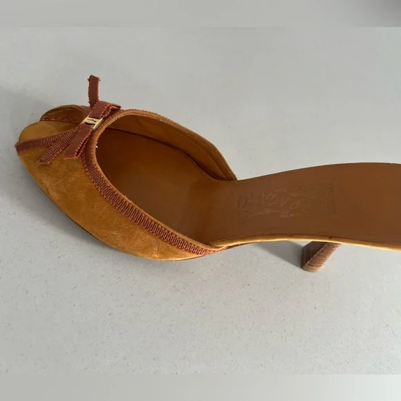 Salvatore Ferragamo Brown Suede Bow Kitten Heel Backless Sandals - Picture 3 of 12